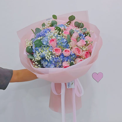 Blue Hydrangeas with Soft Pink Roses and Foliage Extra Large Bouquet