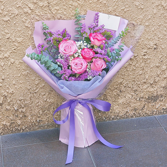 Five Purple Roses with Purple Statice and Eucalyptus Bouquet