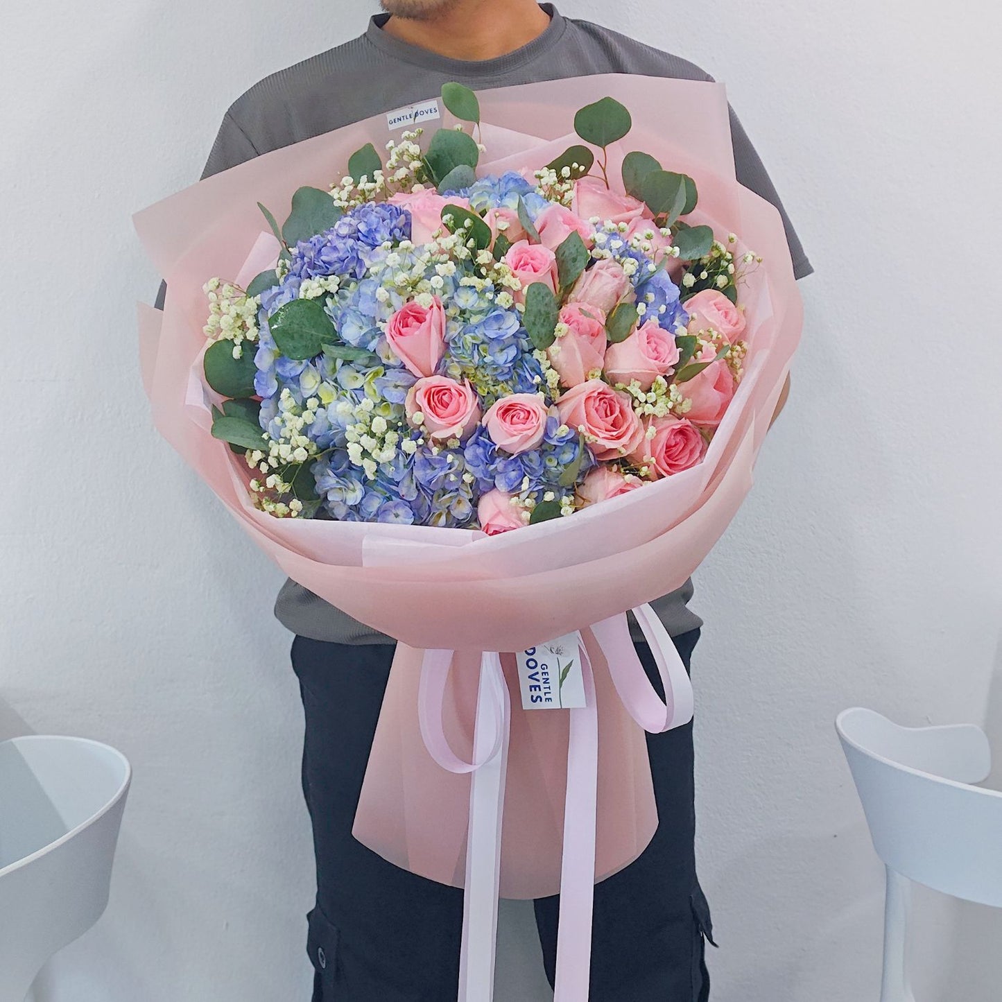 Blue Hydrangeas with Soft Pink Roses and Foliage Extra Large Bouquet