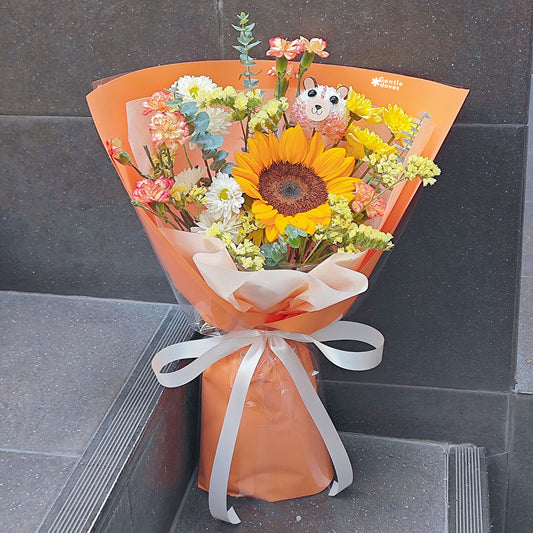 Single Sunflower with Yellow and Orange Flowers and Little Brownie Bear Bouquet