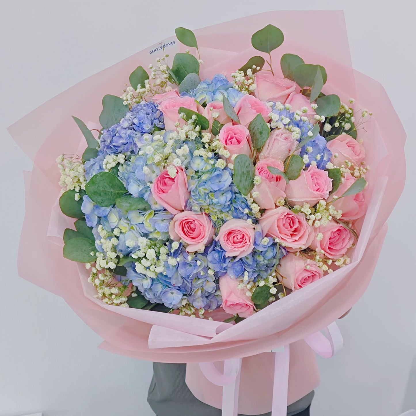 Blue Hydrangeas with Soft Pink Roses and Foliage Extra Large Bouquet