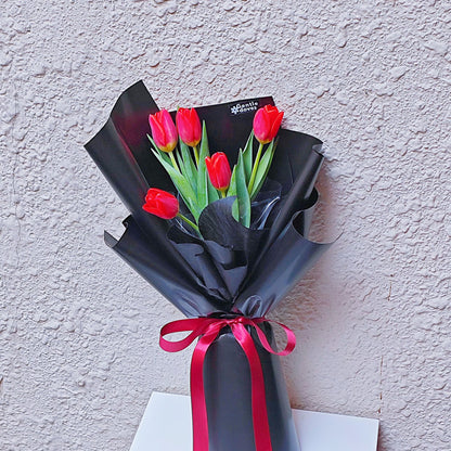 Red Tulips in Black Paper Bouquet