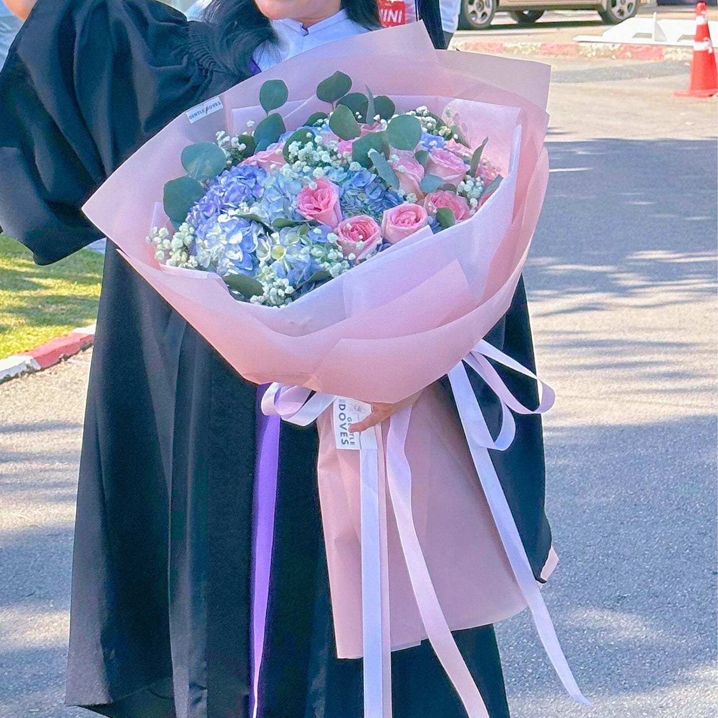Blue Hydrangeas with Soft Pink Roses and Foliage Extra Large Bouquet