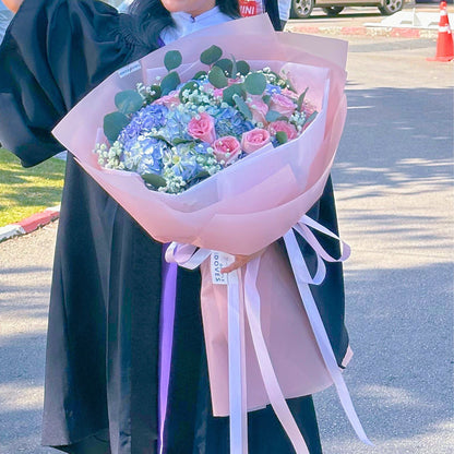 Blue Hydrangeas with Soft Pink Roses and Foliage Extra Large Bouquet
