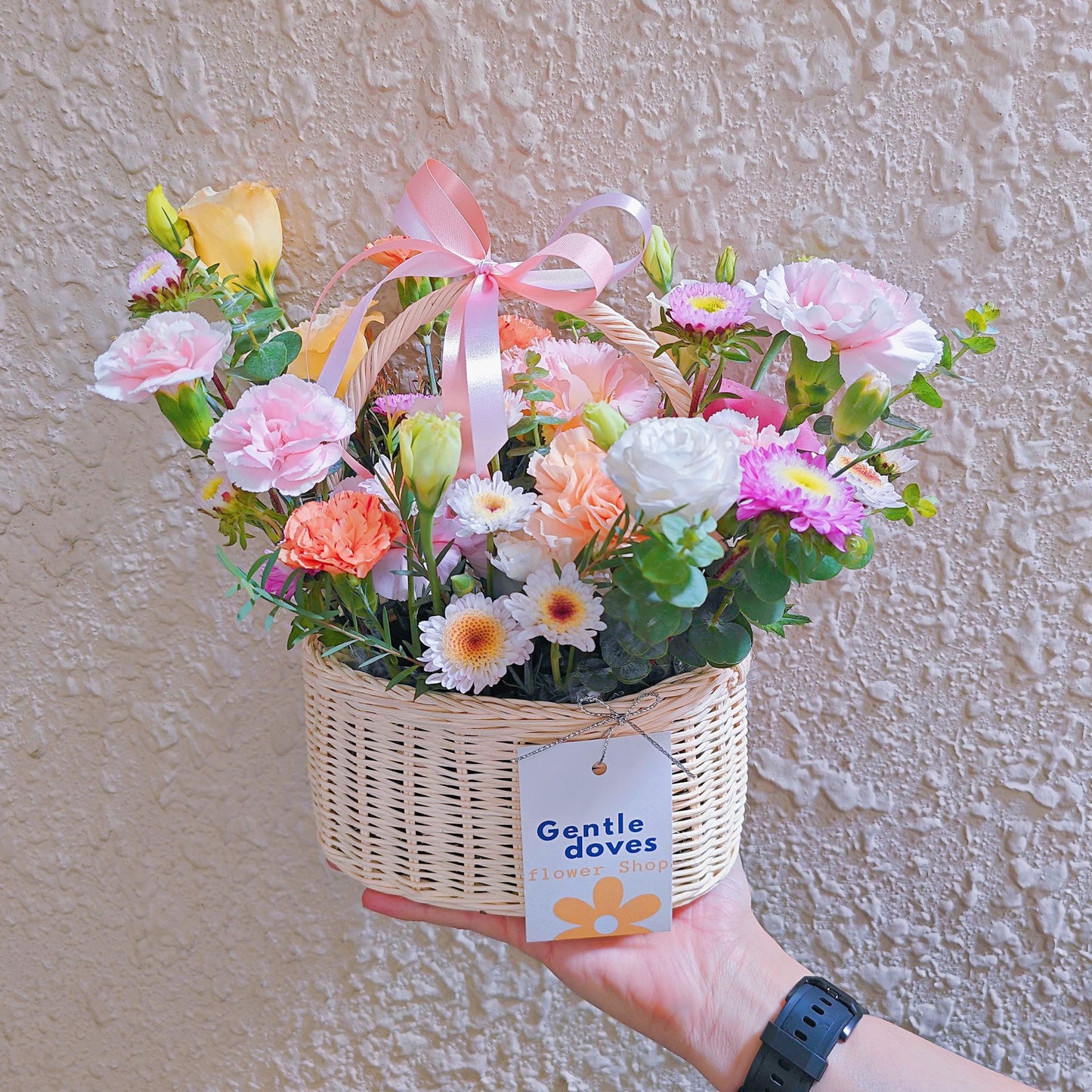 Assorted Pink and Orange Color Flowers Small Basket Arrangement