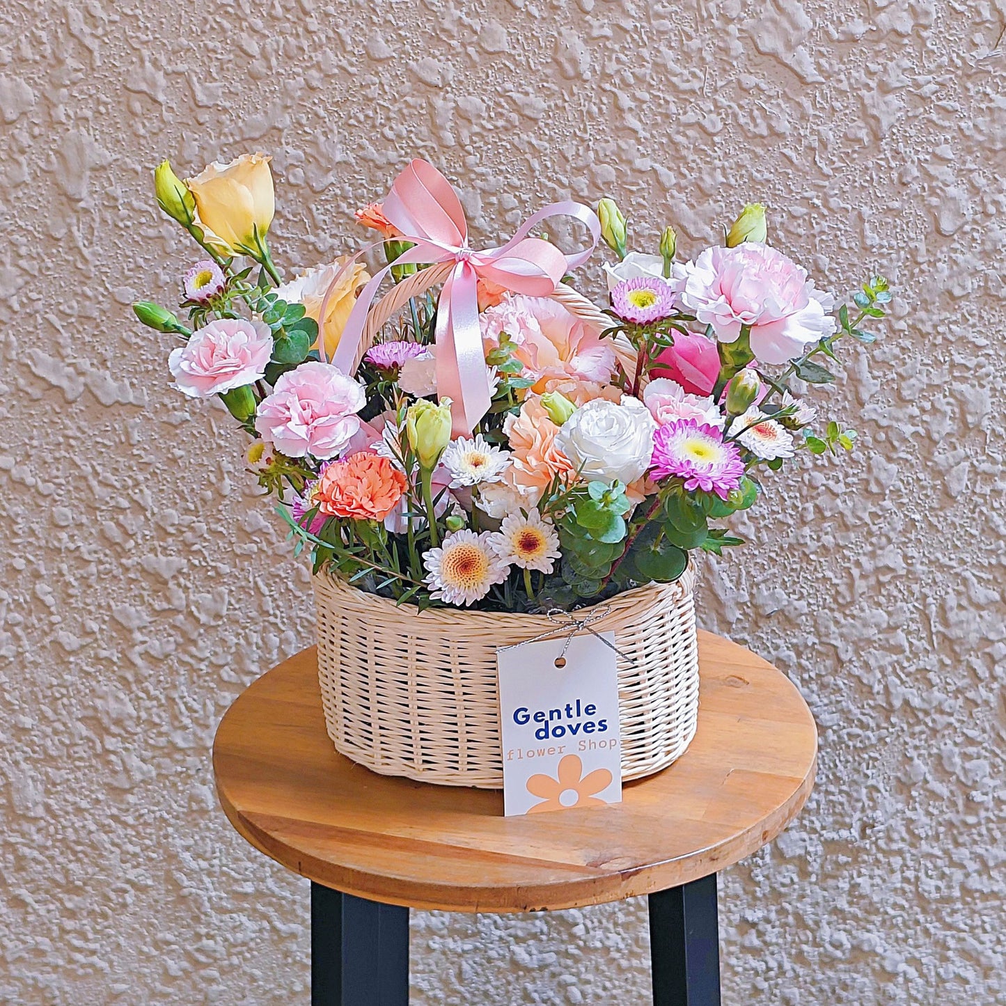 Assorted Pink and Orange Color Flowers Small Basket Arrangement