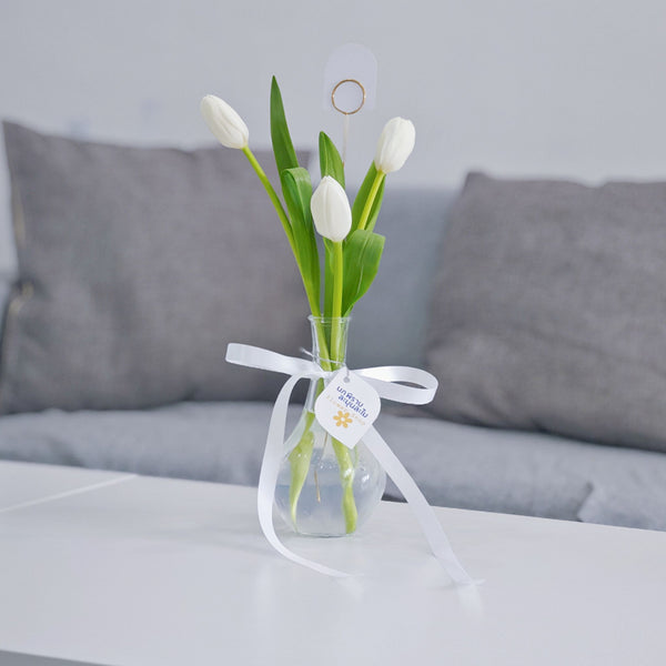 Three White Tulips in Minimal Mini Vase Arrangement