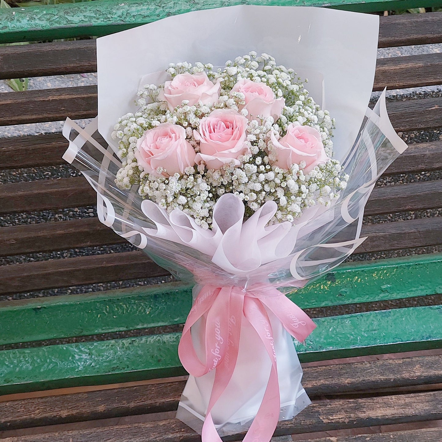 Five Soft Pink Roses with Gypsophila Bouquet