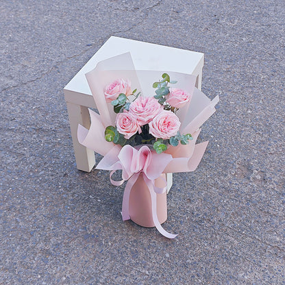 Five Soft Pink English Roses with Eucalpytus Bouquet