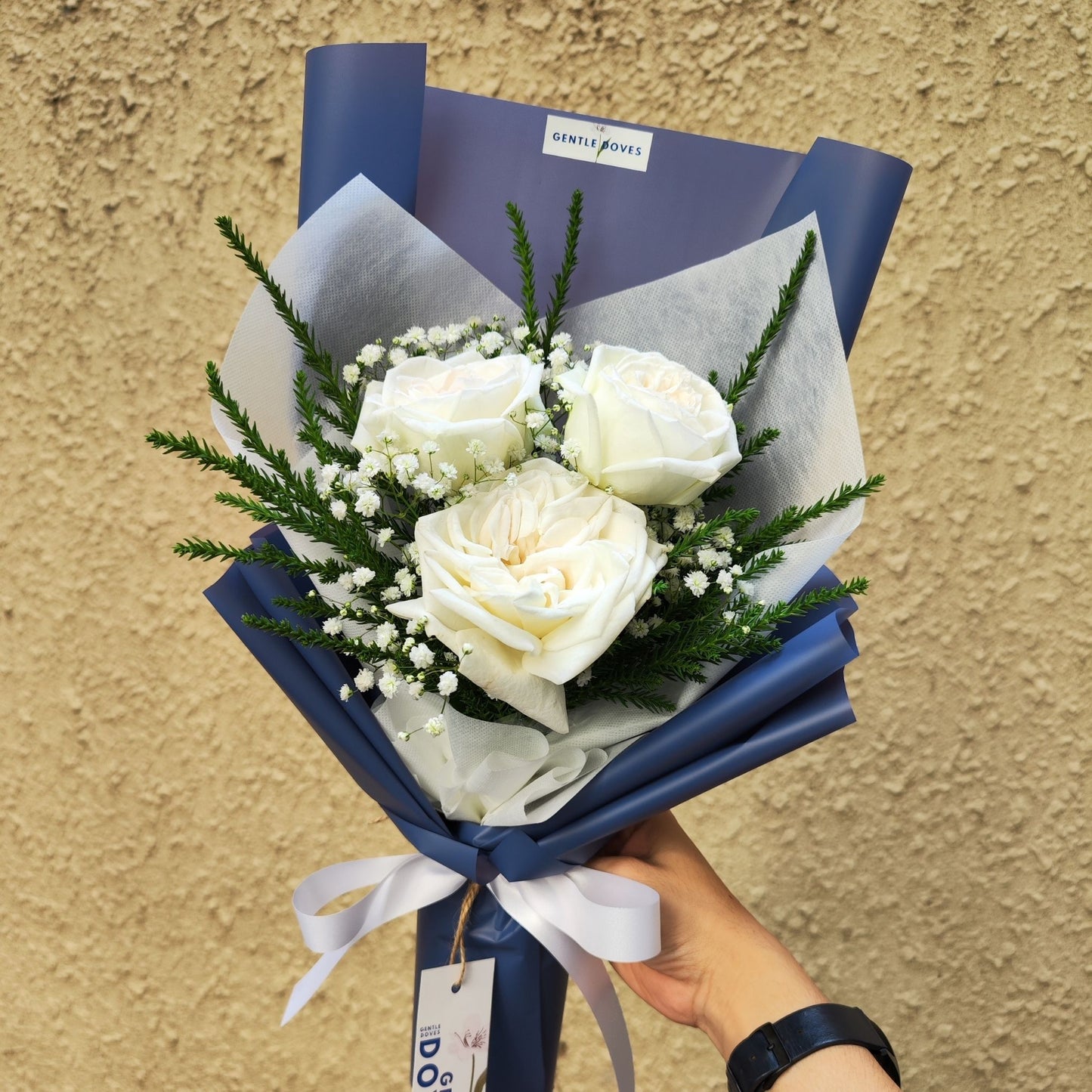 Three White English Roses with Gypsophila and Foliage Bouquet