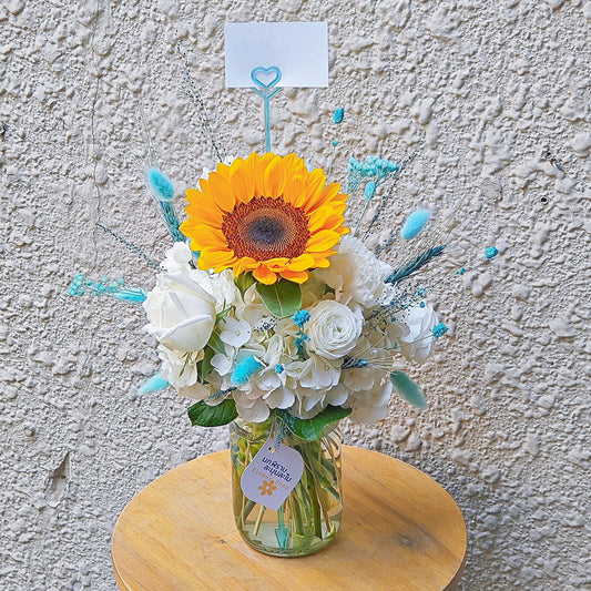 Sunflower with White Hydrangea and Assorted White and Soft ฺBlue Flowers in Medium Size Vase Arrangement