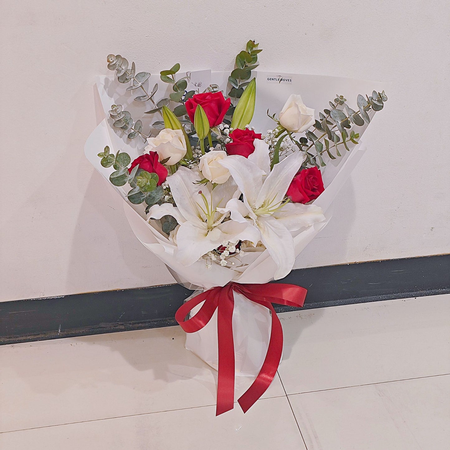 Ten Red and White Roses with White Lilies Bouquet