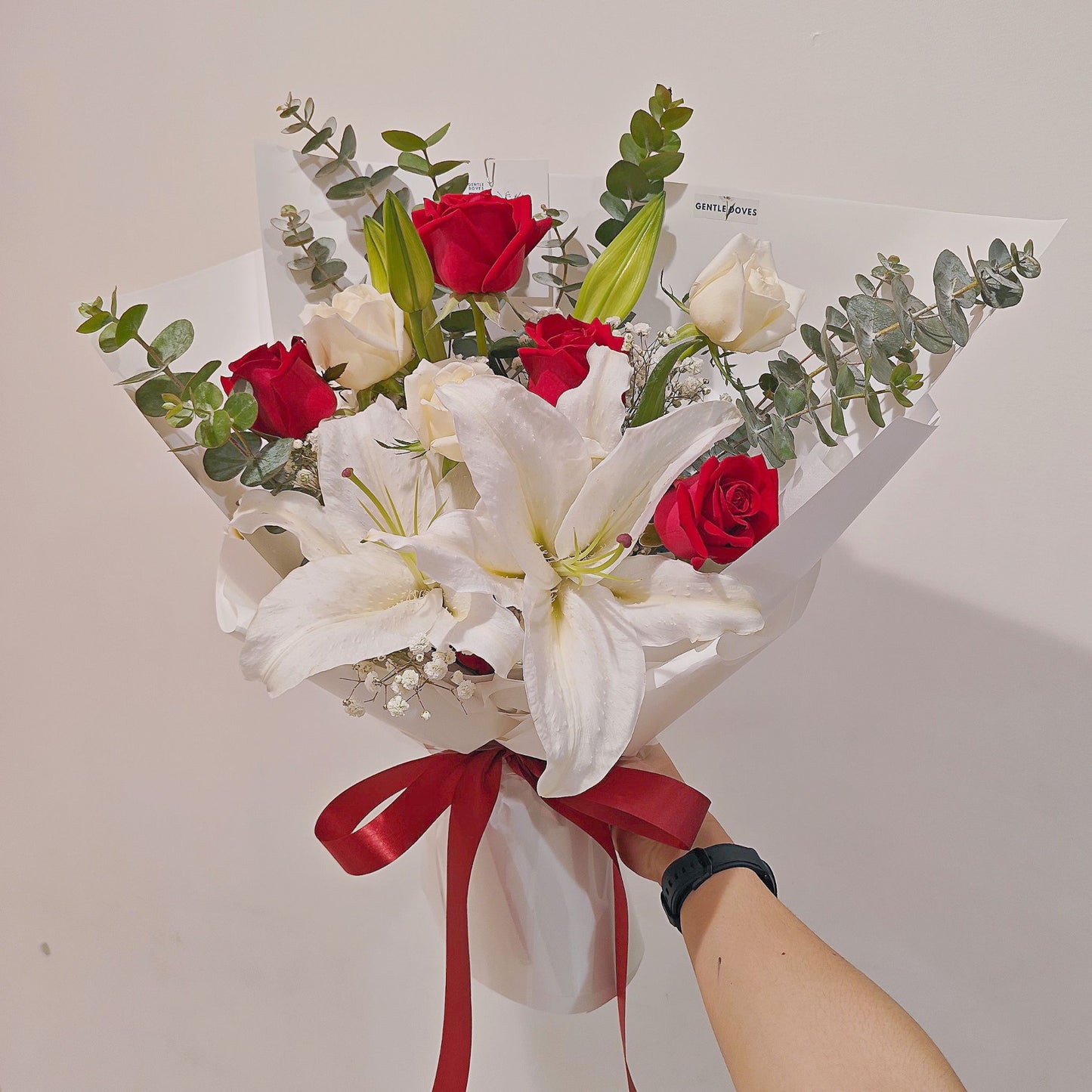 Ten Red and White Roses with White Lilies Bouquet