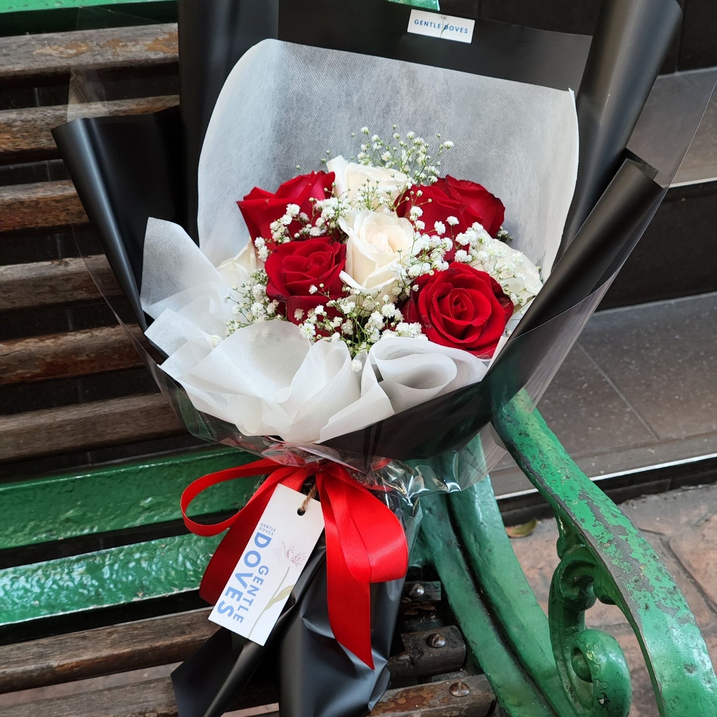 Ten Red and White Roses with Gypsophila Bouquet