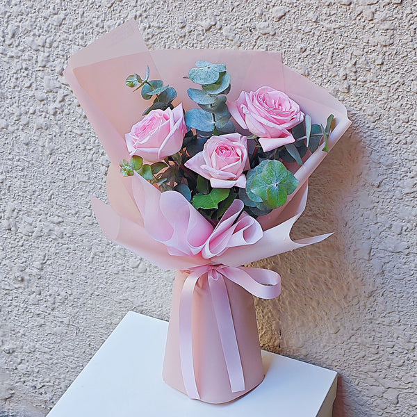 Three Soft Pink English Roses with Eucalpytus Bouquet