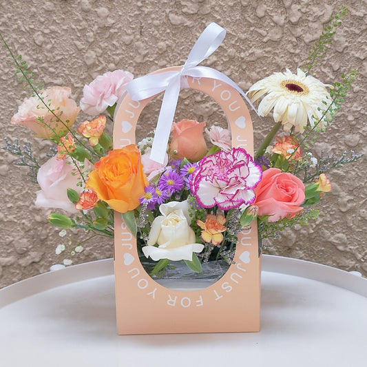 Assorted Colorful Flowers in Carrying Mini Box Arrangement