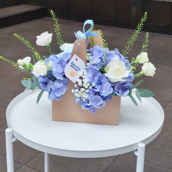Blue Hydrangea with Assorted White Flowers in Carrying Small Box