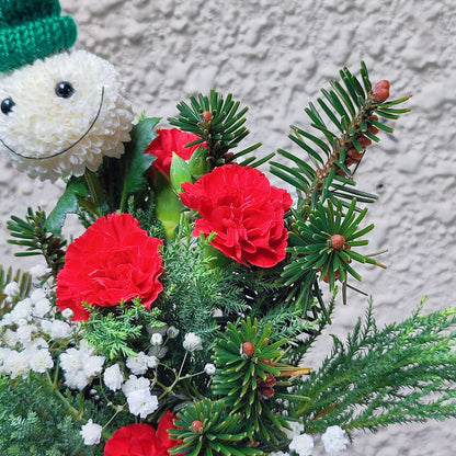 Green Hood Smiley face with Pines  and Red Flowers Small Vase Arrangement