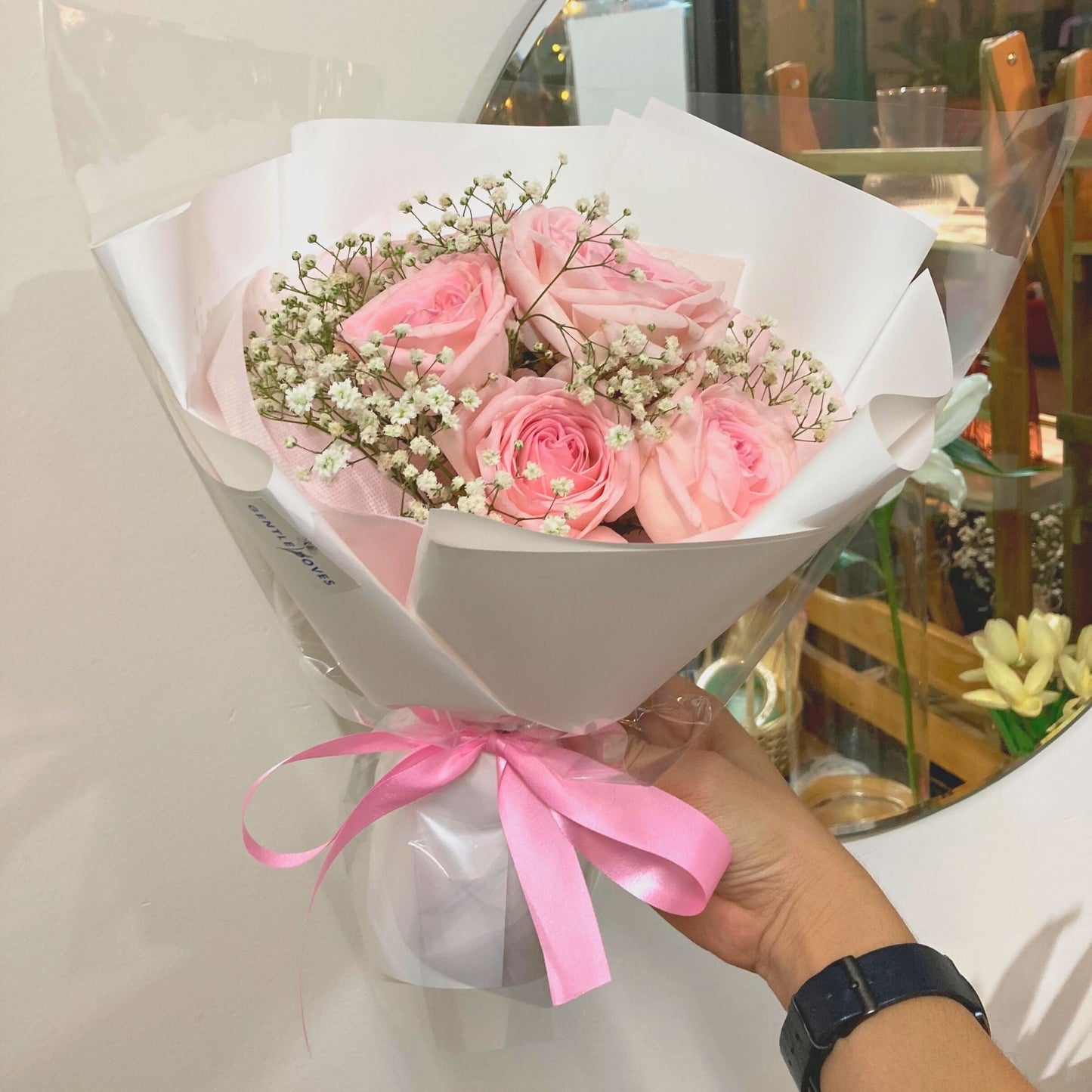 Eight Soft Pink English Roses with Gypsophila Bouquet