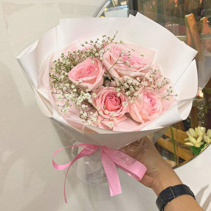 Eight Soft Pink English Roses with Gypsophila Bouquet