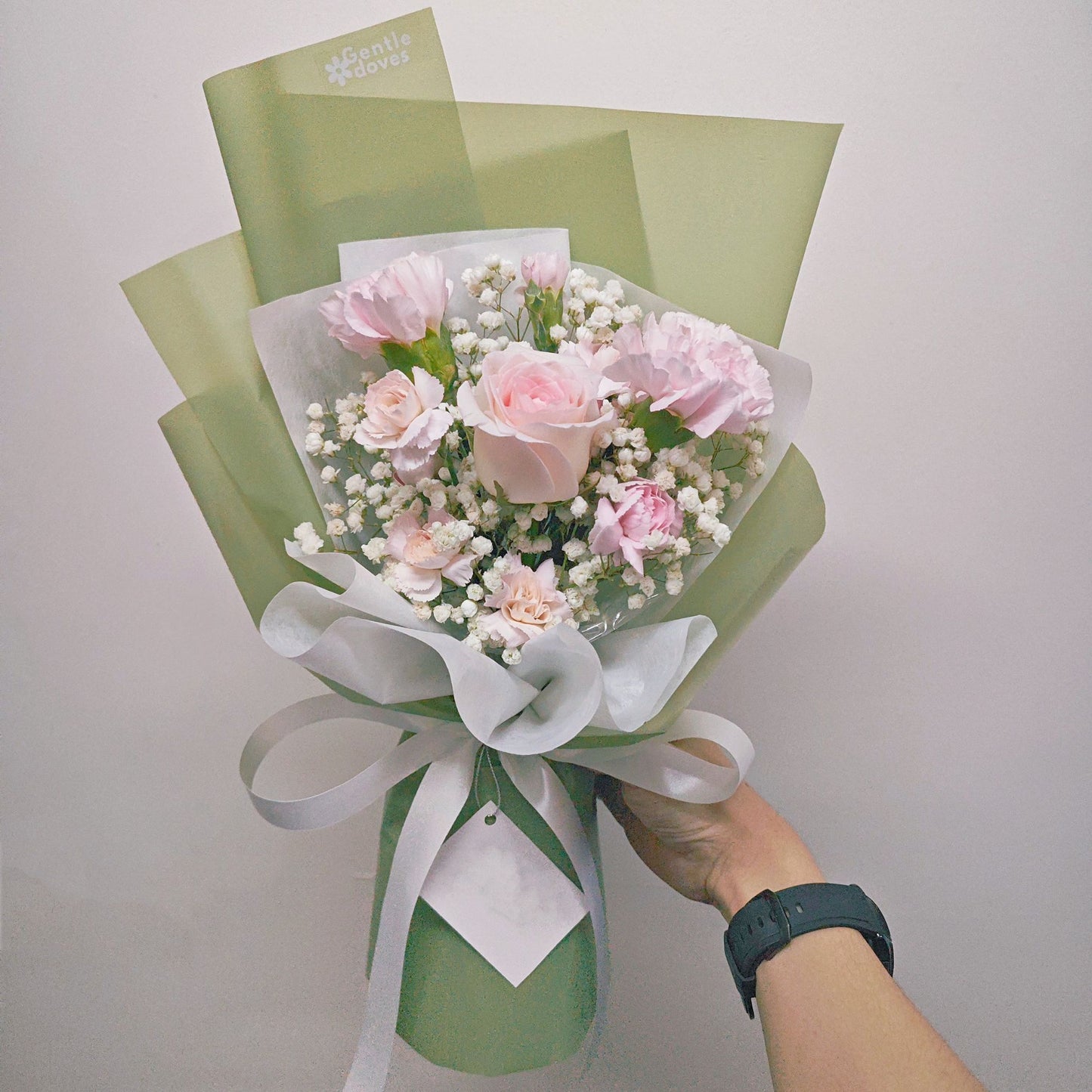 Single Soft Pink Rose with Soft Pink Carnations and Gypsophila Mini Bouquet