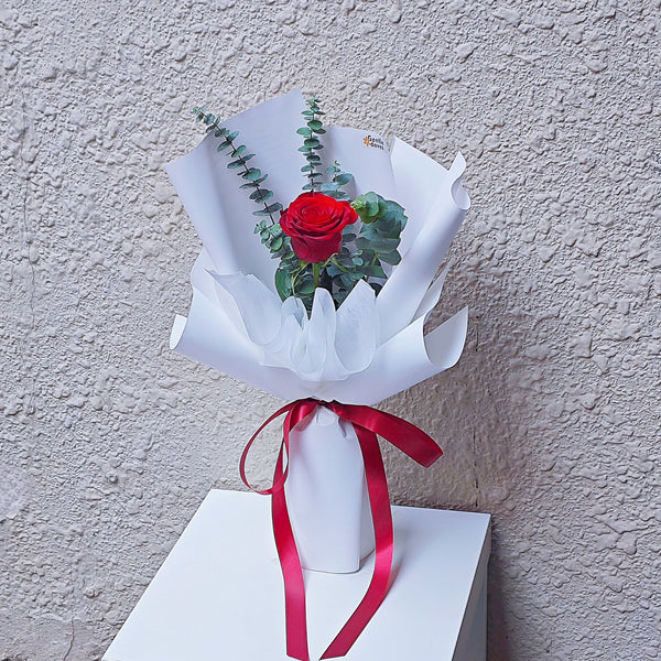 Imported Single Red Rose with Eucalyptus Bouquet
