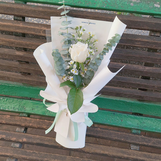 Single White Rose with Eucalyptus and Cutter Flowers Bouquet