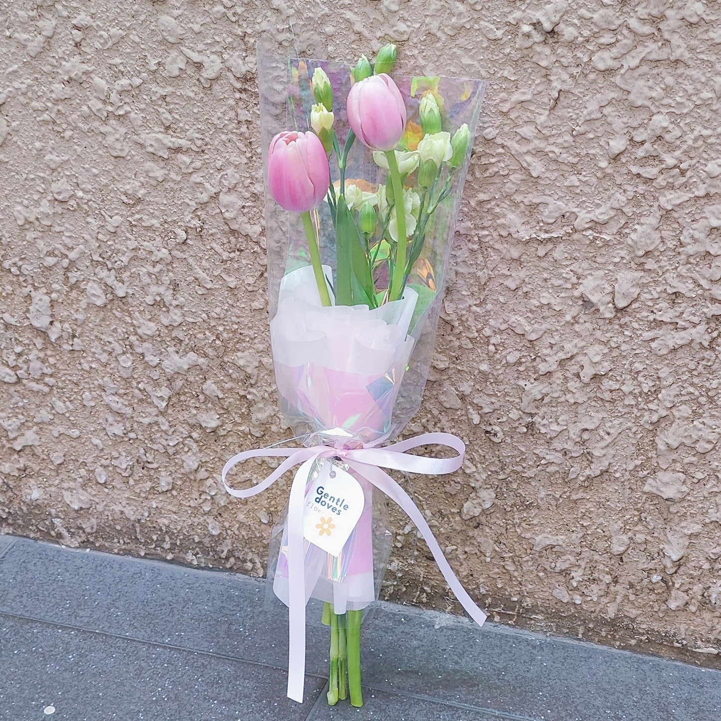 Two Pink Tulips with Sprayed Carnations Bouquet