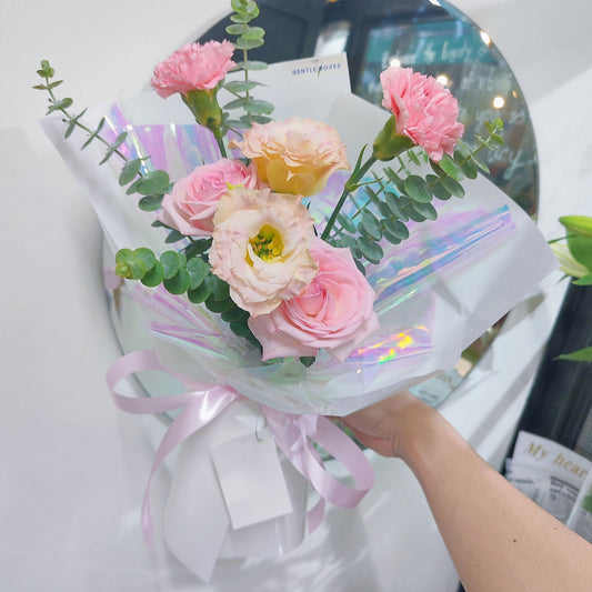 Assorted Pink Roses, Carnations and Lisianthus with Eucalyptus Minimal Bouquet