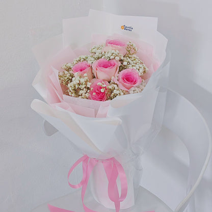 Five Pink Roses with Gypsophila in White Paper Bouquet