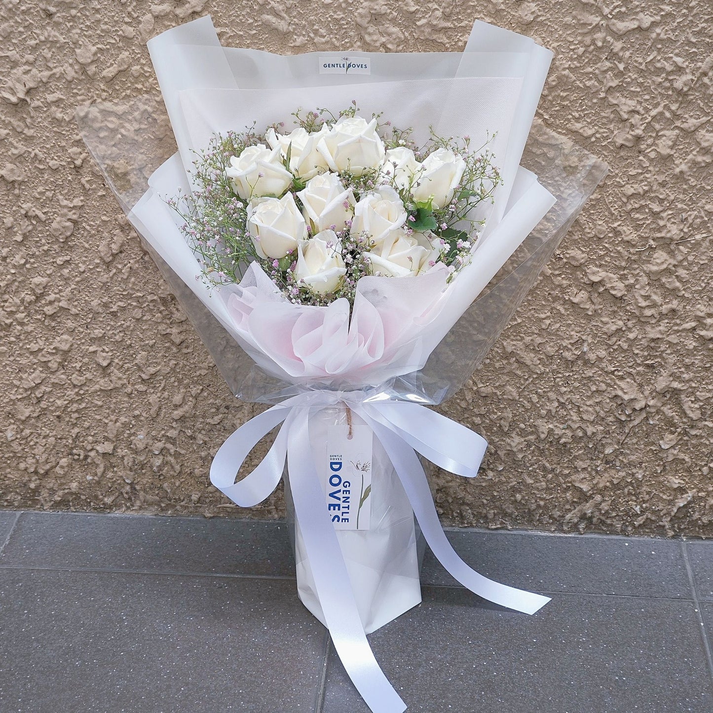 Ten White Roses with Gypsophila Bouquet