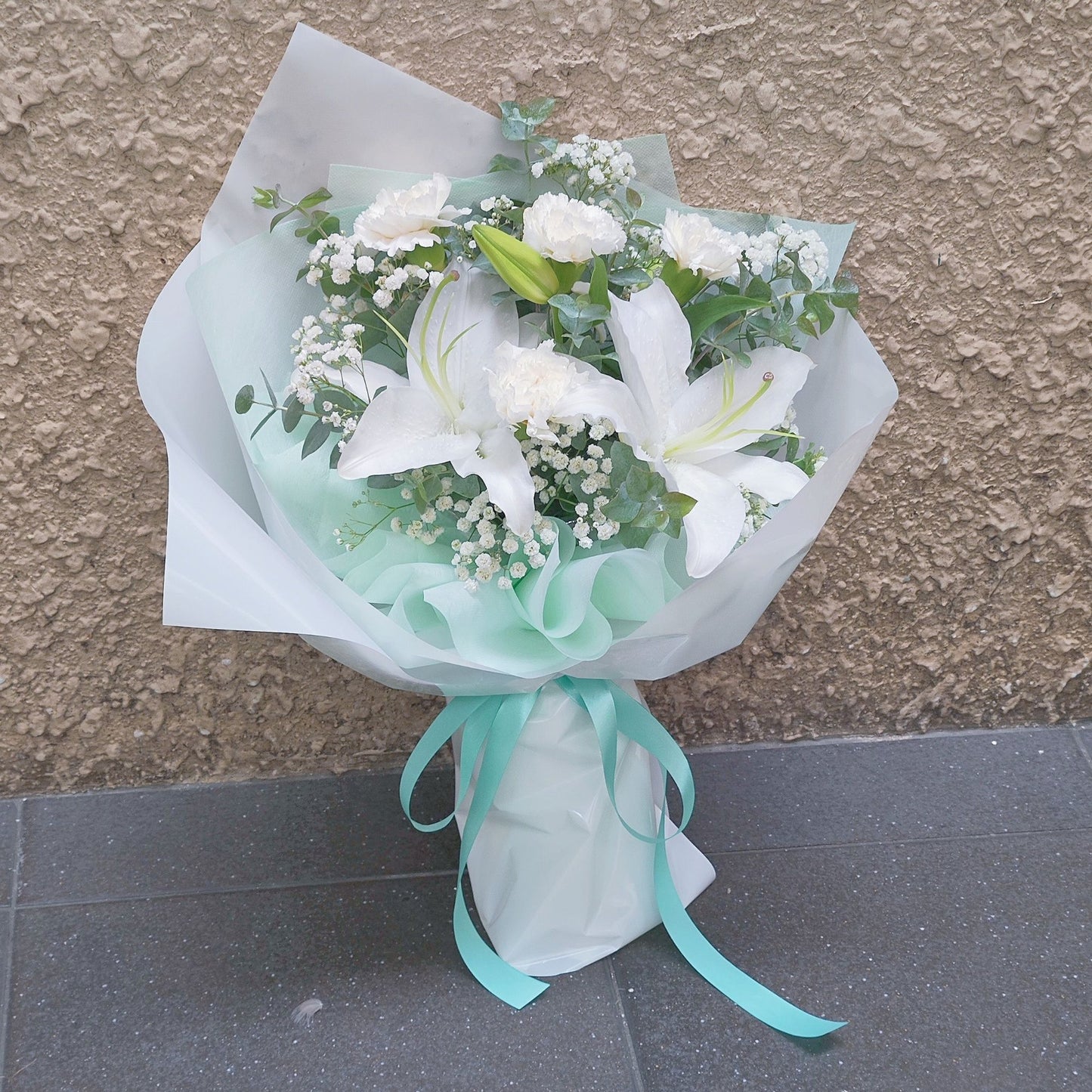 White Lilies with Carnations and Gypsophila Bouquet