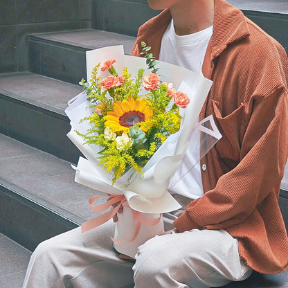 Single Sunflower with Warm Sprayed Carnations and Golden Rods Bouquet