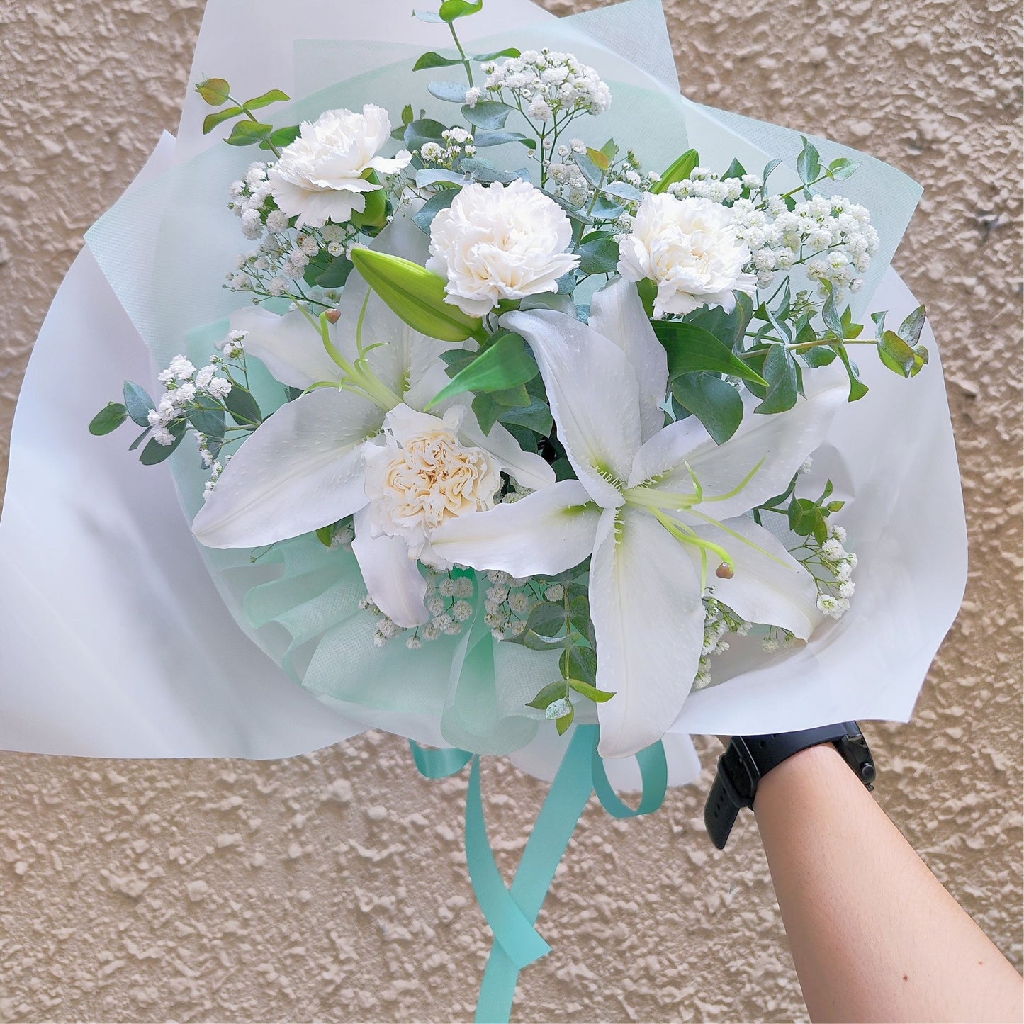 White Lilies with Carnations and Gypsophila Bouquet