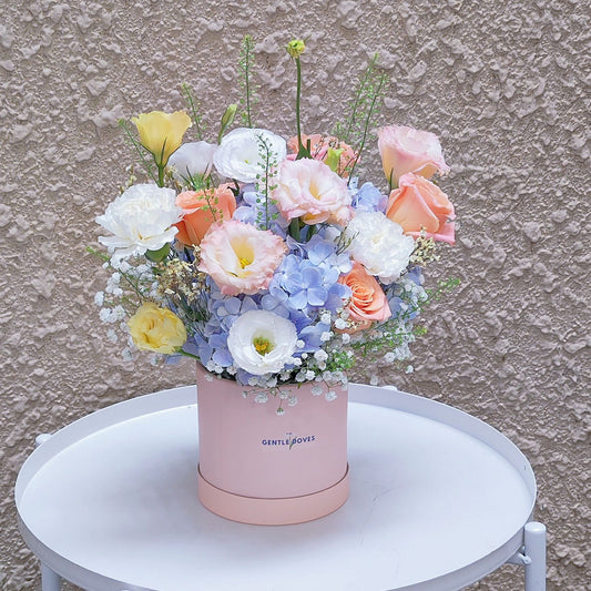 Soft Blue Hydrangea with Soft Color Flowers in Small Box Arrangement