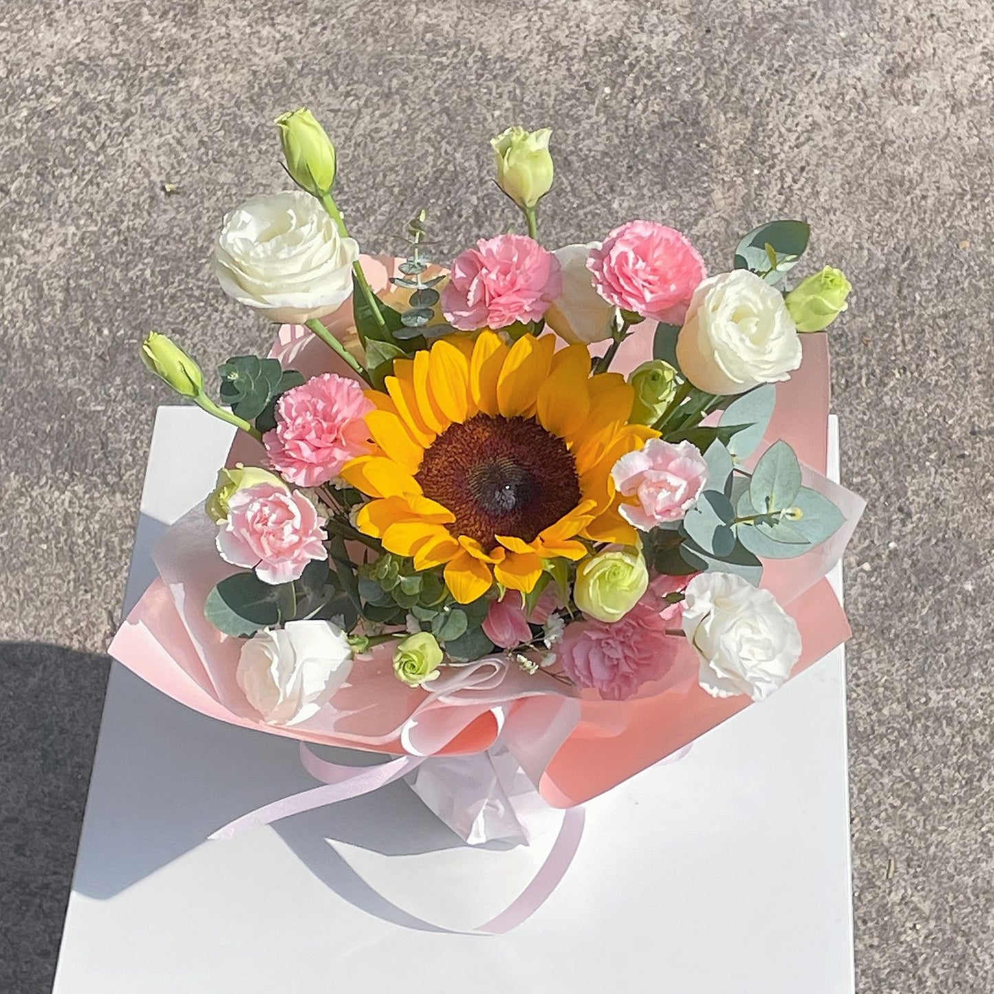 Sunflower with White Lisianthus and Pink Sprayed Carnations Small Vase Arrangement