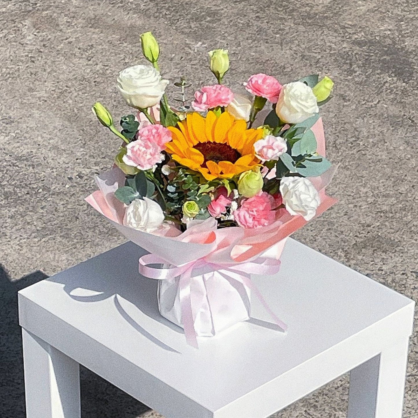 Sunflower with White Lisianthus and Pink Sprayed Carnations Small Vase Arrangement