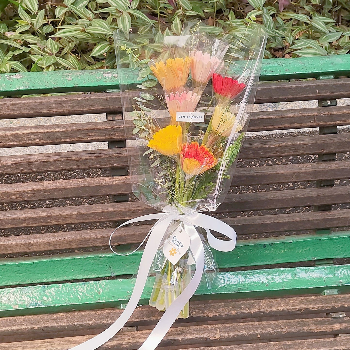 Seven Assorted Color Gerberas with Foliage Bouquet