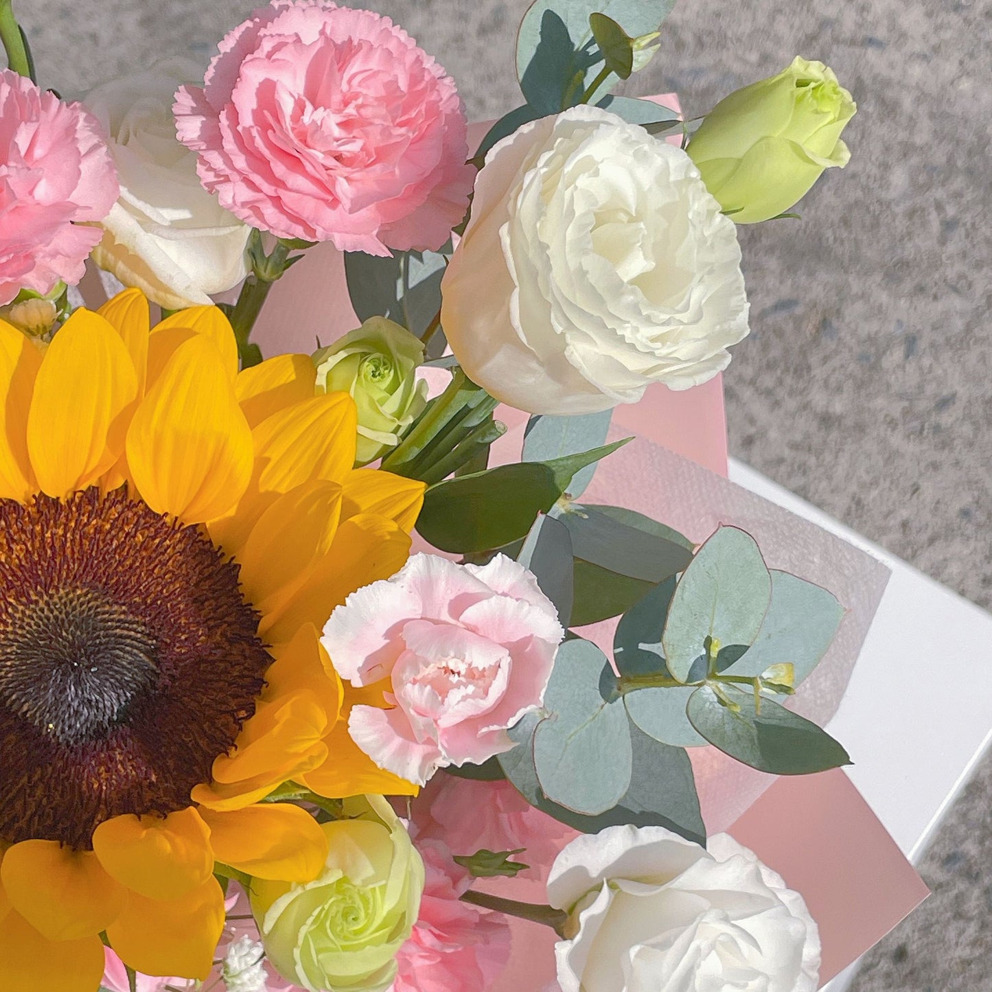 Sunflower with White Lisianthus and Pink Sprayed Carnations Small Vase Arrangement