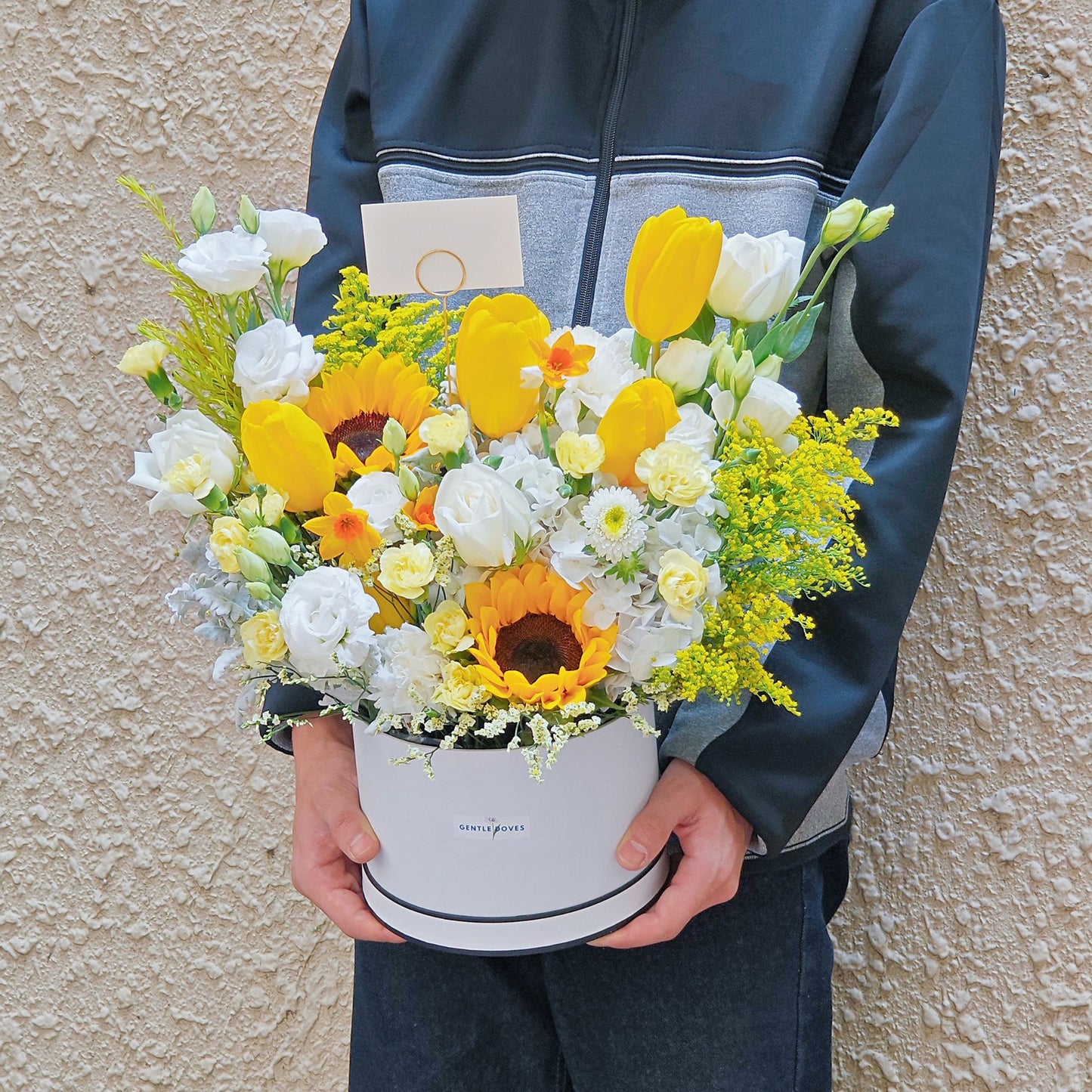 Assorted Yellow and White Flowers in Medium Box Arrangement