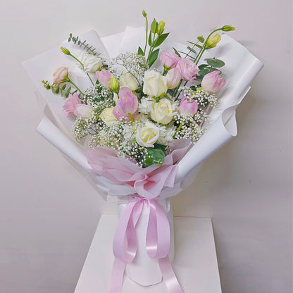 Assorted Pink Tulips with White Roses and Lisianthus Large Bouquet