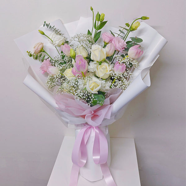 Assorted Pink Tulips with White Roses and Lisianthus Large Bouquet