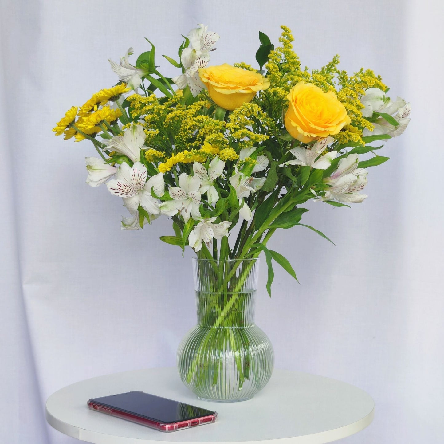 White Alstroemeria with Yellow Flowers in Large Vase Arrangement