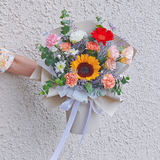 Sunflower with Assorted Vivid Colors Flowers in Light Color Paper Bouquet