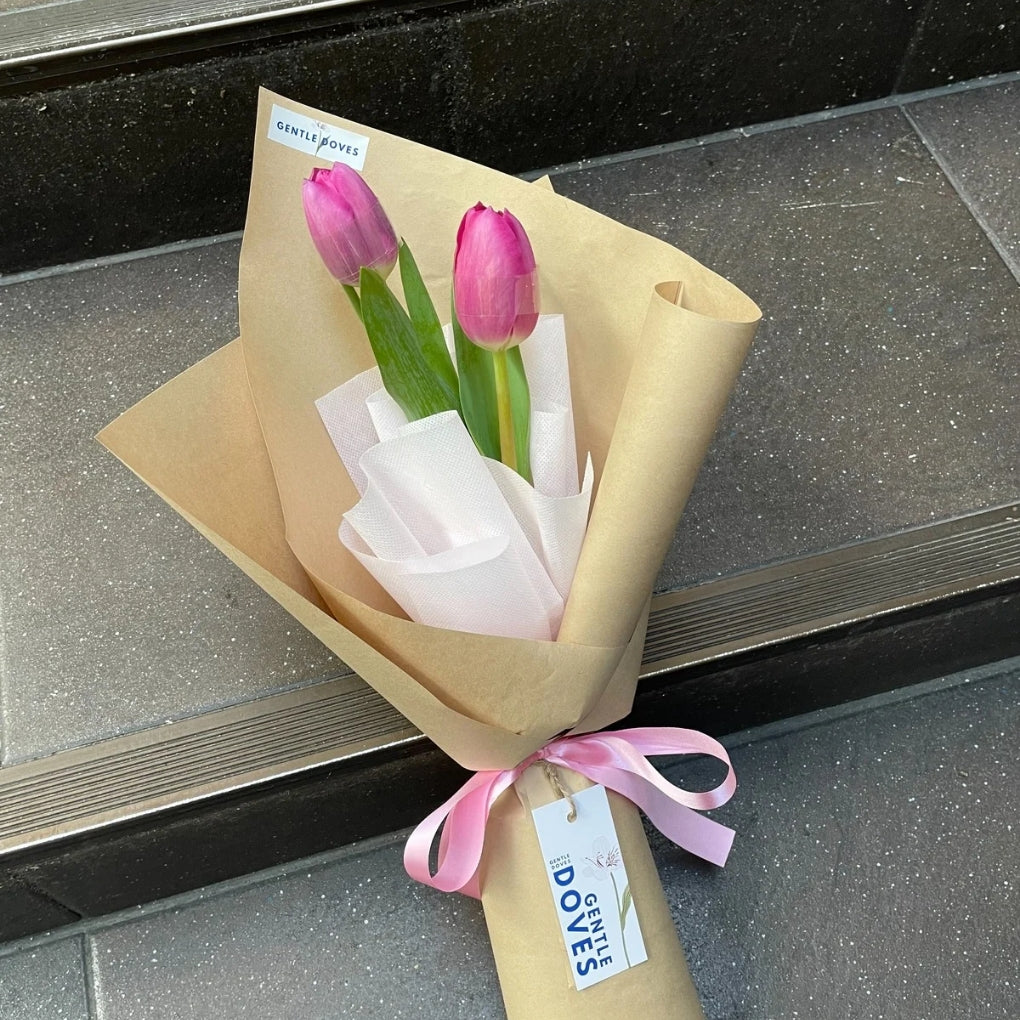 Two Vivid Pink Tulips in Kraft Paper Bouquet