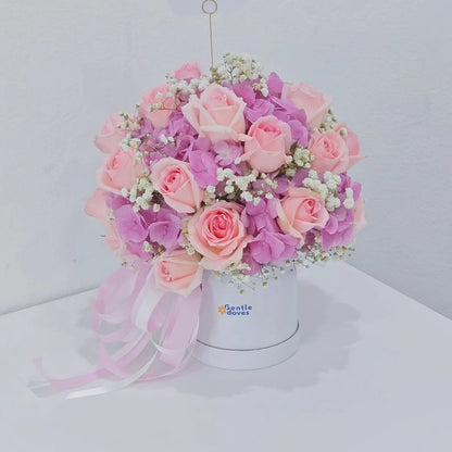 Pink Hydrangeas and Soft Pink Roses in Small Box Arrangement
