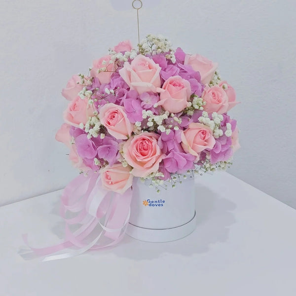 Pink Hydrangeas and Soft Pink Roses in Small Box Arrangement