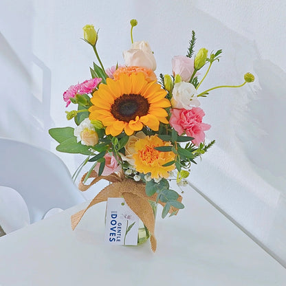 Sunflower with Assorted Warm Flowers in Medium Vase Arrangement
