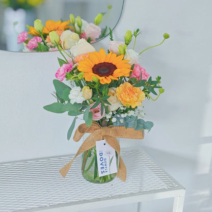 Sunflower with Assorted Warm Flowers in Medium Vase Arrangement