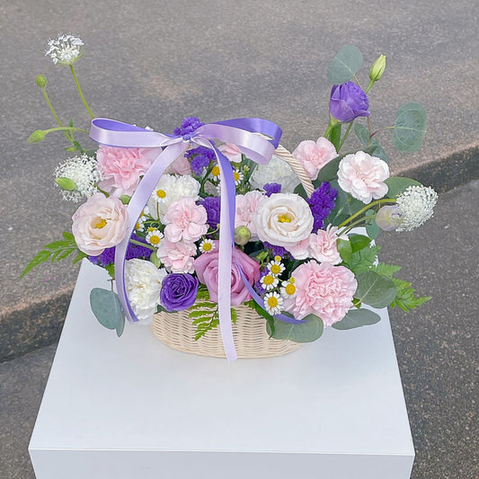 Assorted Purple and Pink Flowers Small Basket